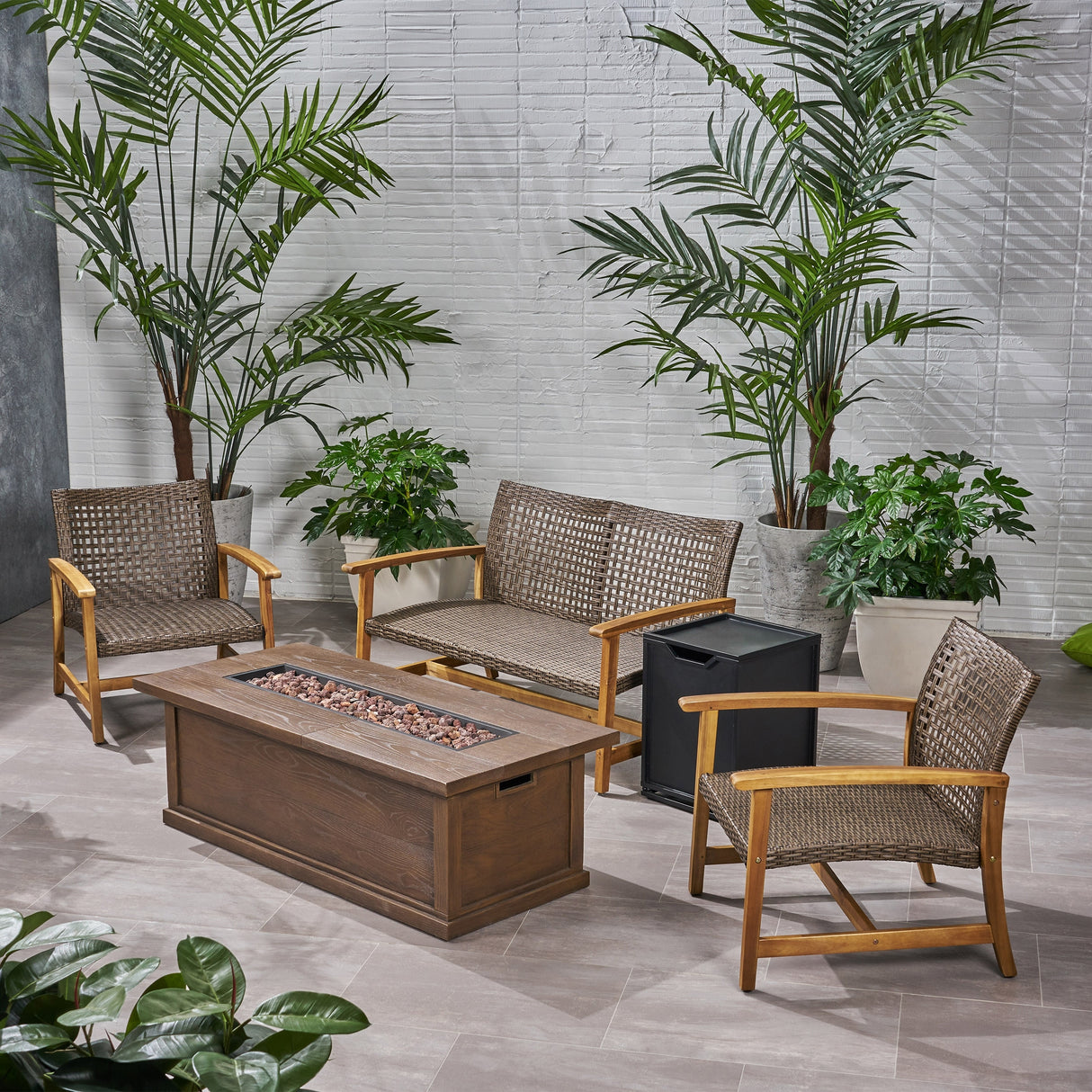 Breakwater Outdoor 5 Piece Wood and Wicker Chat Set with Fire Pit by Christopher Knight Home