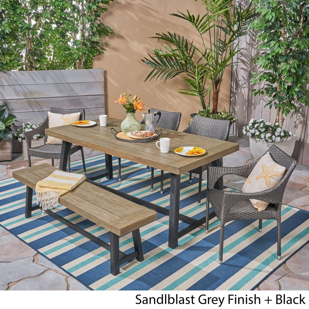 Brecken Outdoor 6 Piece Wood and Wicker Dining Set with Stacking Chairs and Bench by Christopher Knight Home