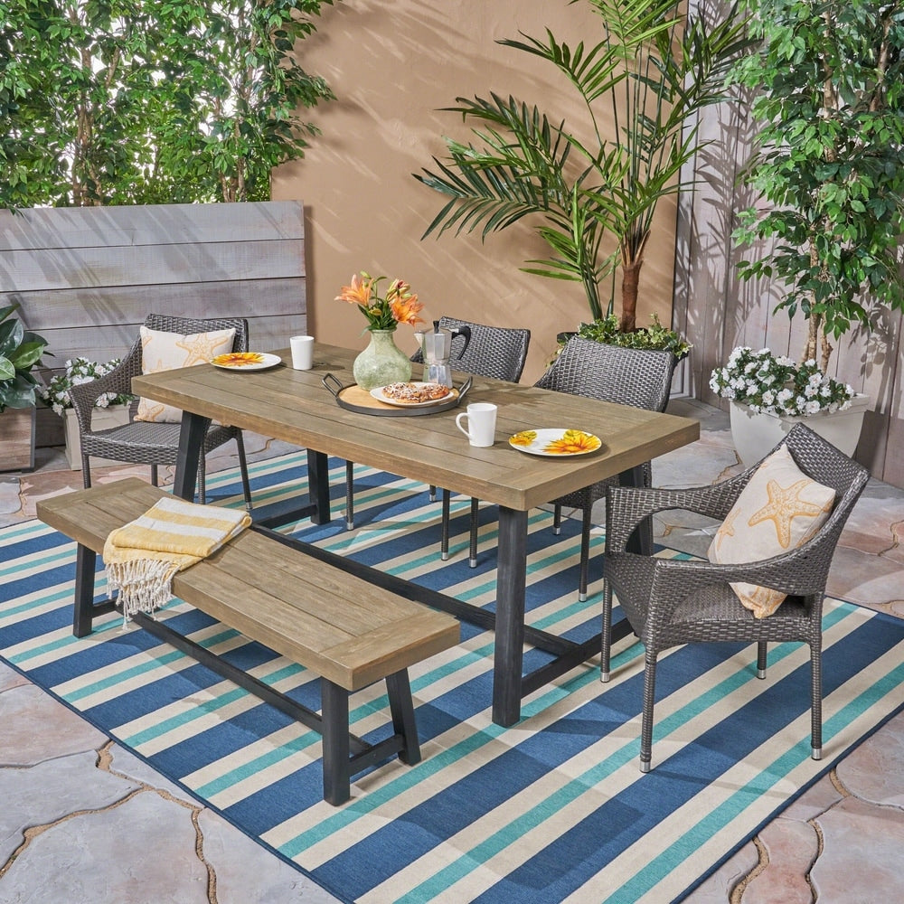 Brecken Outdoor 6 Piece Wood and Wicker Dining Set with Stacking Chairs and Bench by Christopher Knight Home