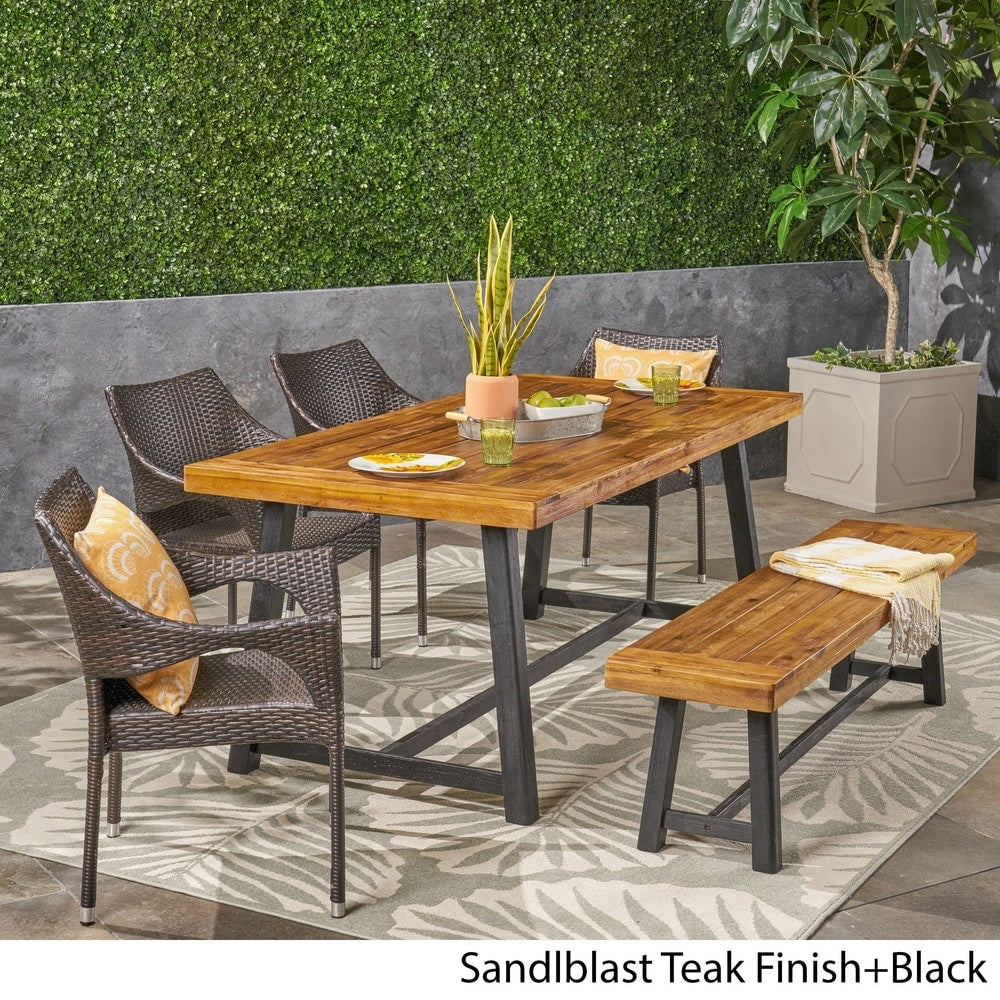 Brecken Outdoor 6 Piece Wood and Wicker Dining Set with Stacking Chairs and Bench by Christopher Knight Home