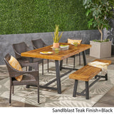 Brecken Outdoor 6 Piece Wood and Wicker Dining Set with Stacking Chairs and Bench by Christopher Knight Home