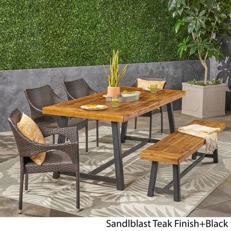Brecken Outdoor 6 Piece Wood and Wicker Dining Set with Stacking Chairs and Bench by Christopher Knight Home