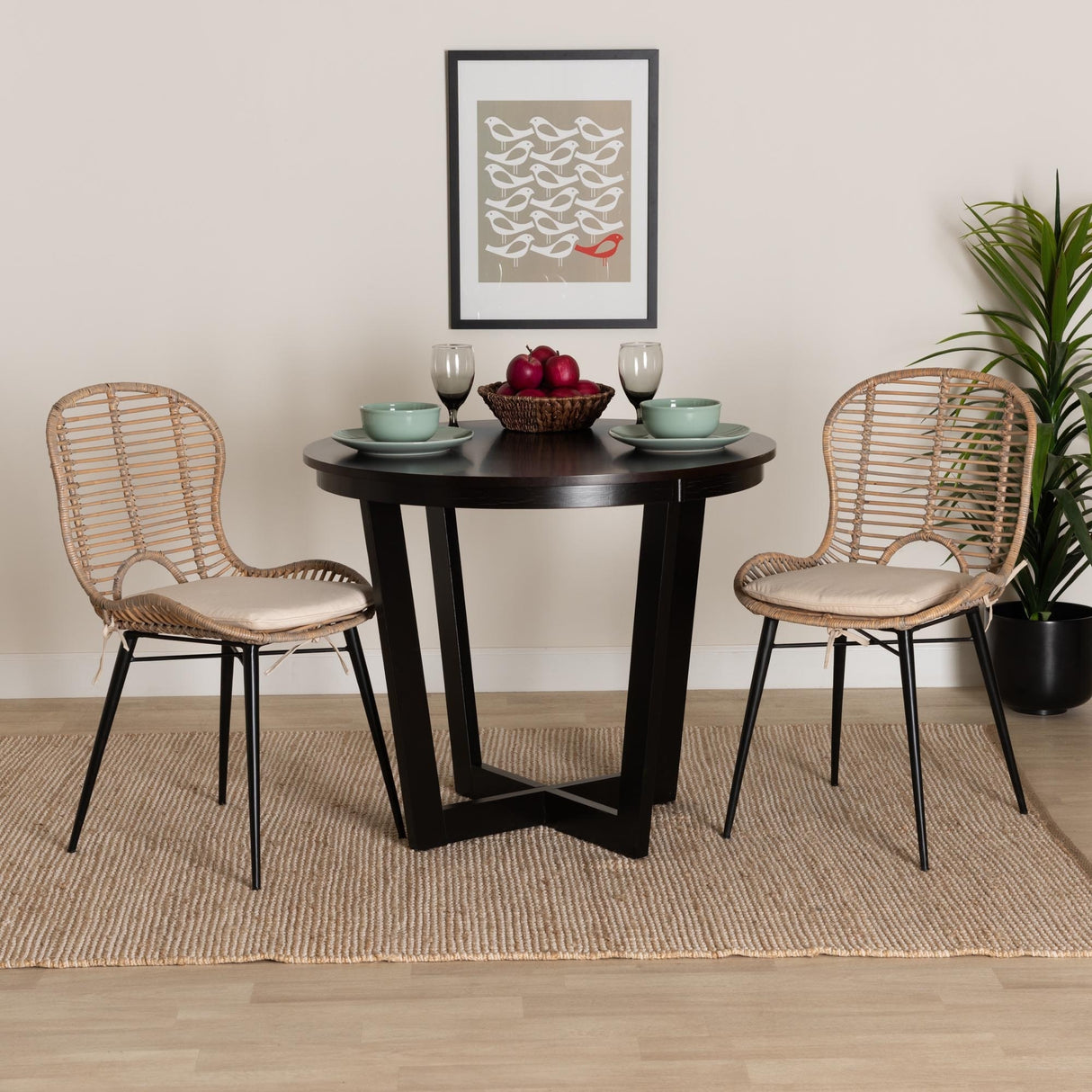 Brenna Modern Bohemian Rattan and Metal 2-Piece Dining Chair Set