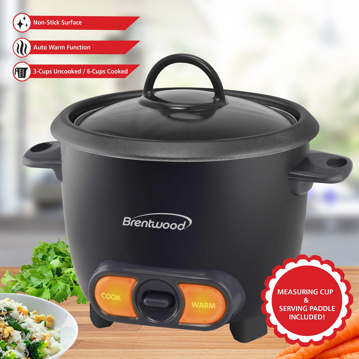 Brentwood 3 Cup Uncooked/6 Cup Cooked Non Stick Rice Cooker in Black - 3 Cups