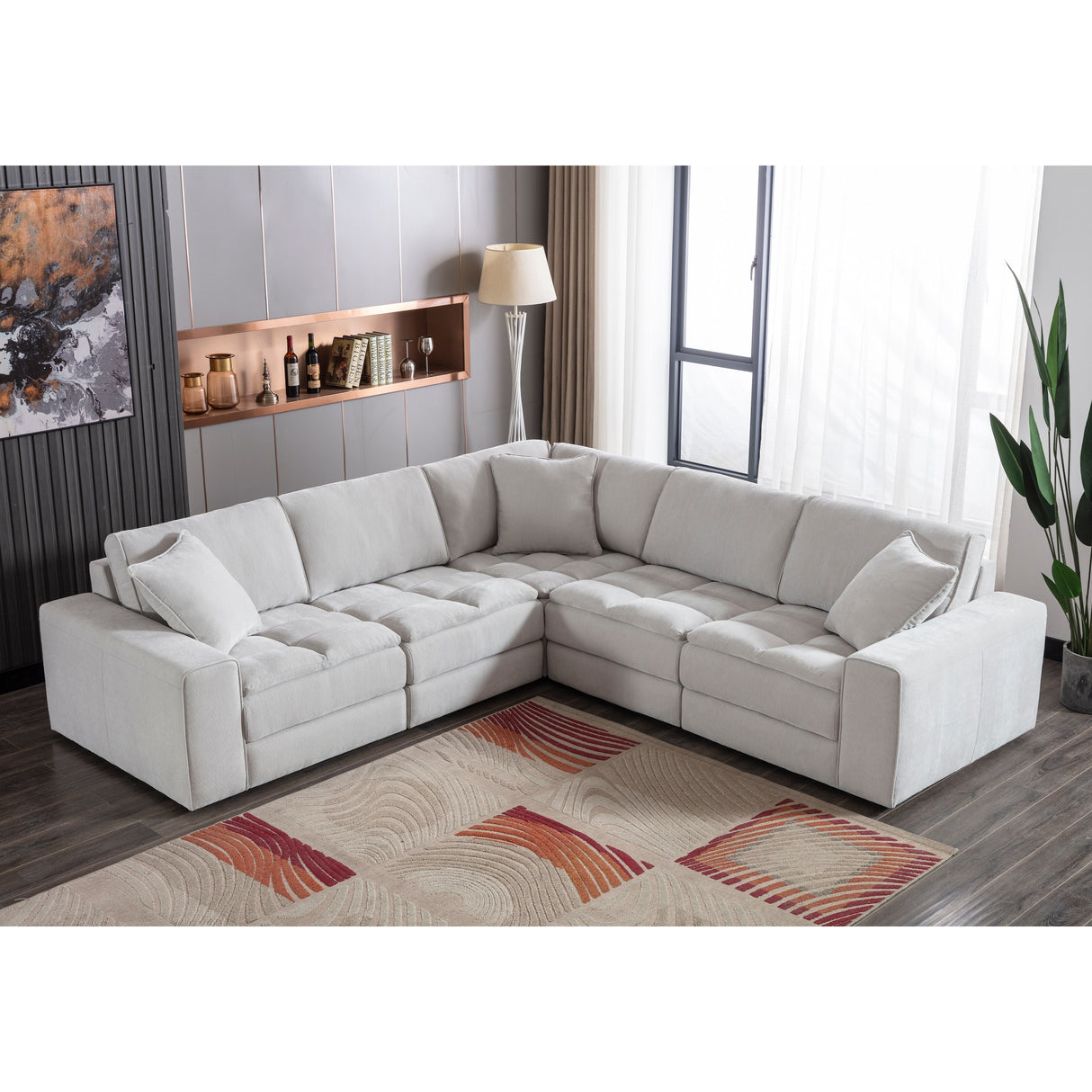 Roundhill Furniture Breton Contemporary Fabric Tufted 5 Piece Modular Sectional Sofa, Oyster