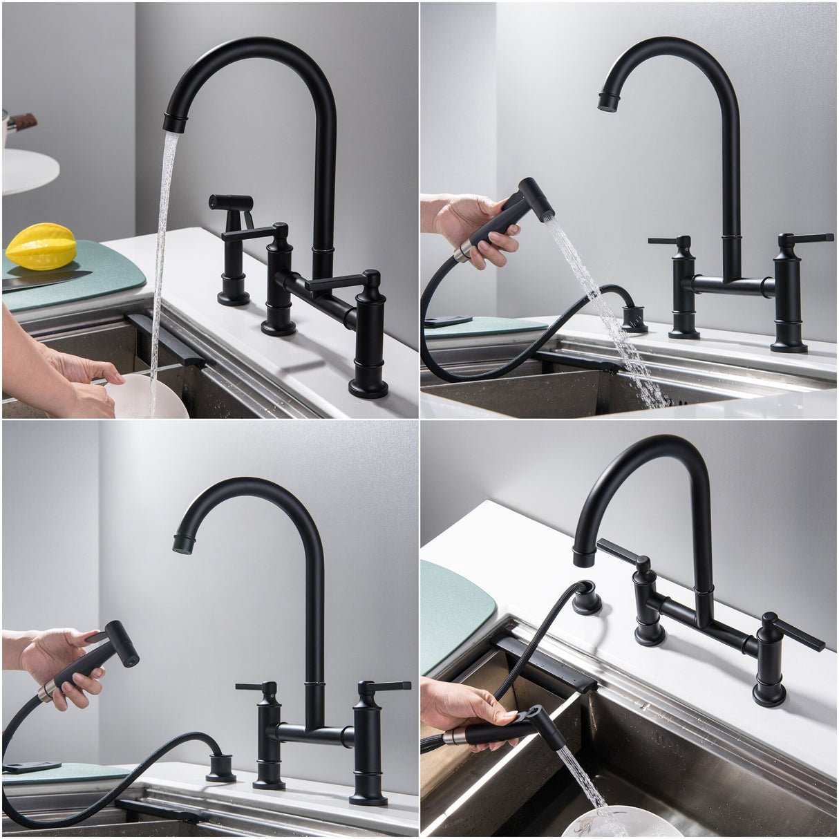 Bridge Double Handles Kitchen Faucet With Side Spray