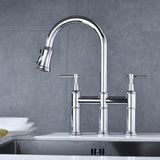 Bridge kitchen faucet with bridge pulldown spray