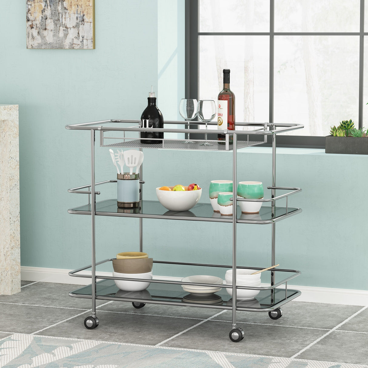 Bridger Modern 3 Tier Bar Cart with Glass Shelving by Christopher Knight Home - 34.00" L x 18.50" W x 31.50" H