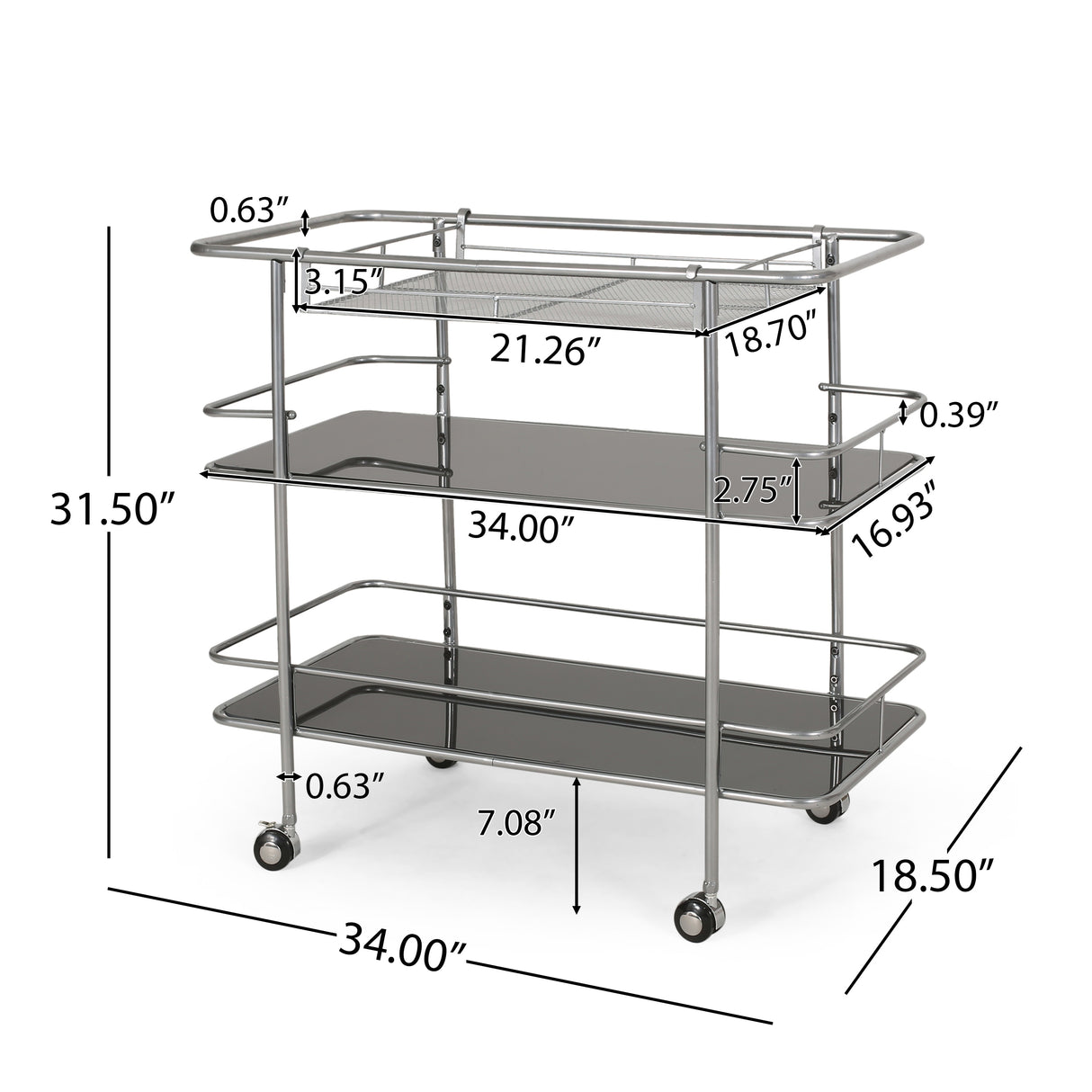 Bridger Modern 3 Tier Bar Cart with Glass Shelving by Christopher Knight Home - 34.00" L x 18.50" W x 31.50" H