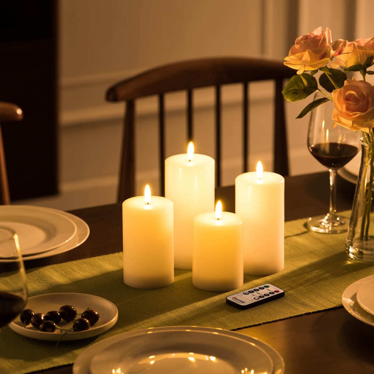 Bright White LED Flameless Candle Set - 3" Diameter x 4", 4.7", 5.5", 6.3" high