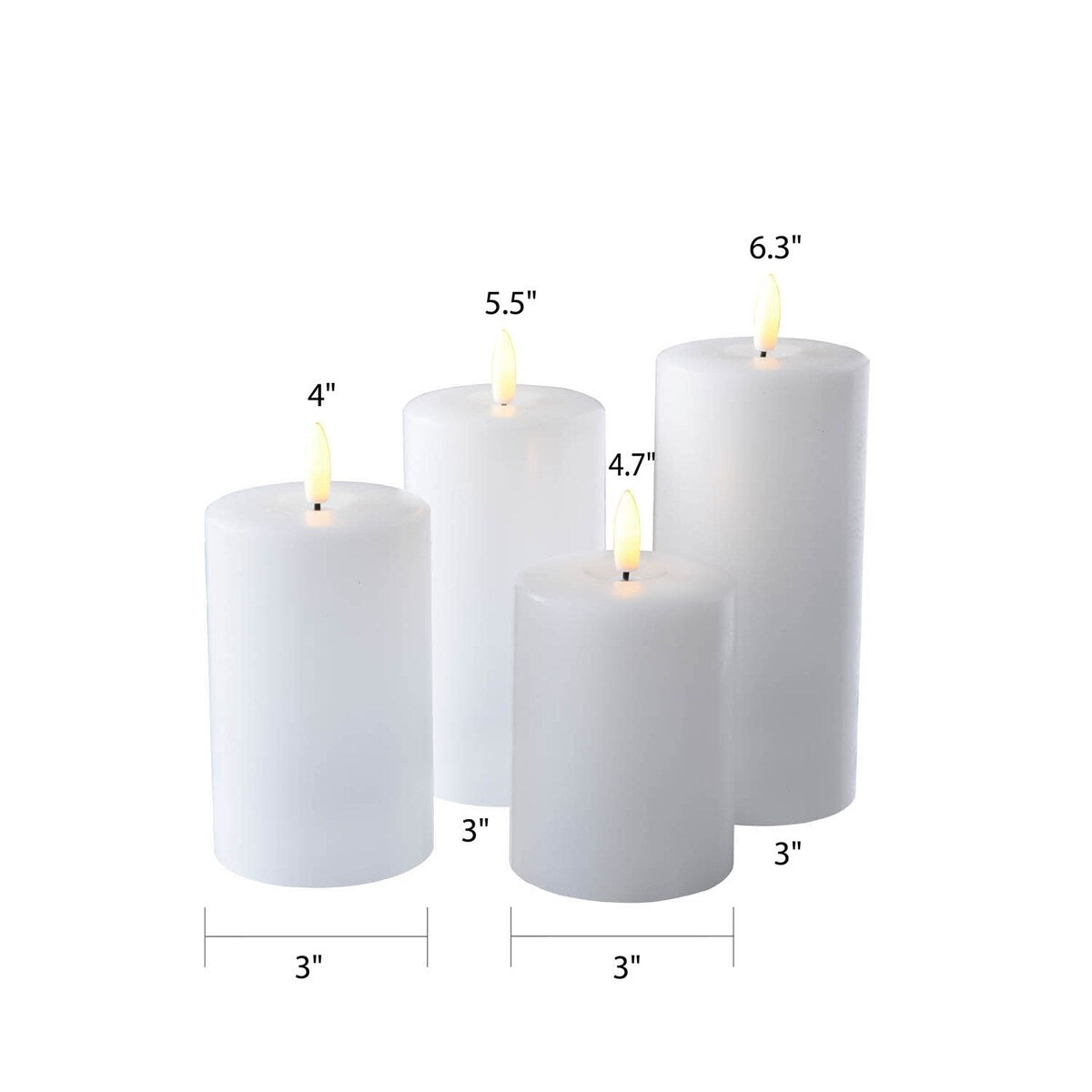 Bright White LED Flameless Candle Set - 3" Diameter x 4", 4.7", 5.5", 6.3" high