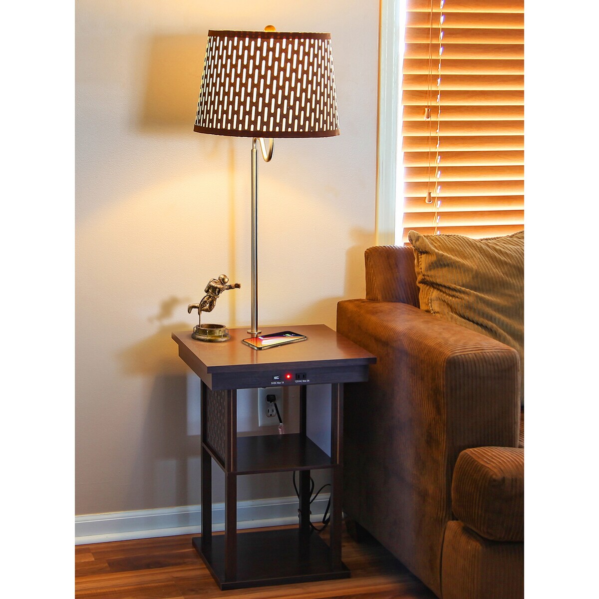 Brightech Madison 56 in. Havana Brown Modern LED Bedside Table Lamp with Fabric Drum Shade and Built-In Wireless Charging Pad