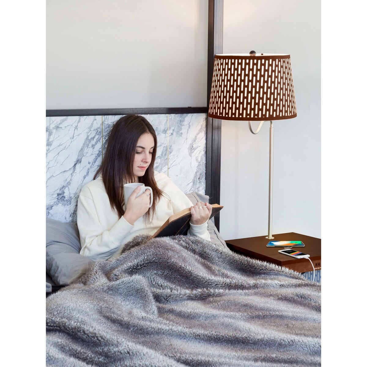Brightech Madison 56 in. Havana Brown Modern LED Bedside Table Lamp with Fabric Drum Shade and Built-In Wireless Charging Pad