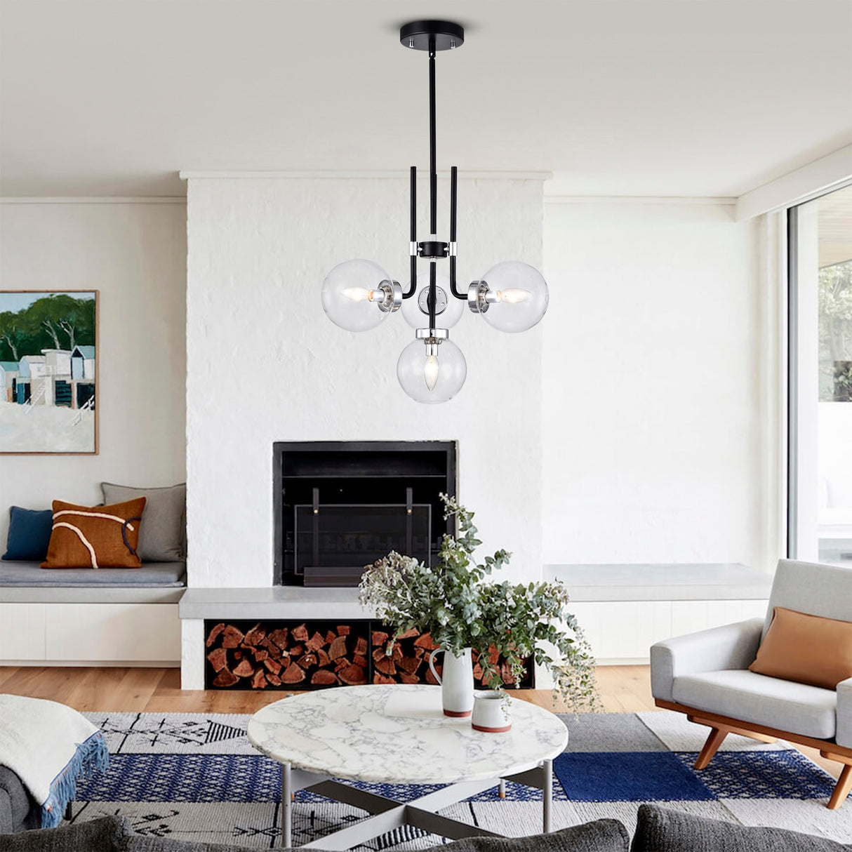 Brigita 47 Inch Modern-Contemporary Style Ceiling Lighted Chendelier Matte Black and Silver Polish 4-Light - N/A