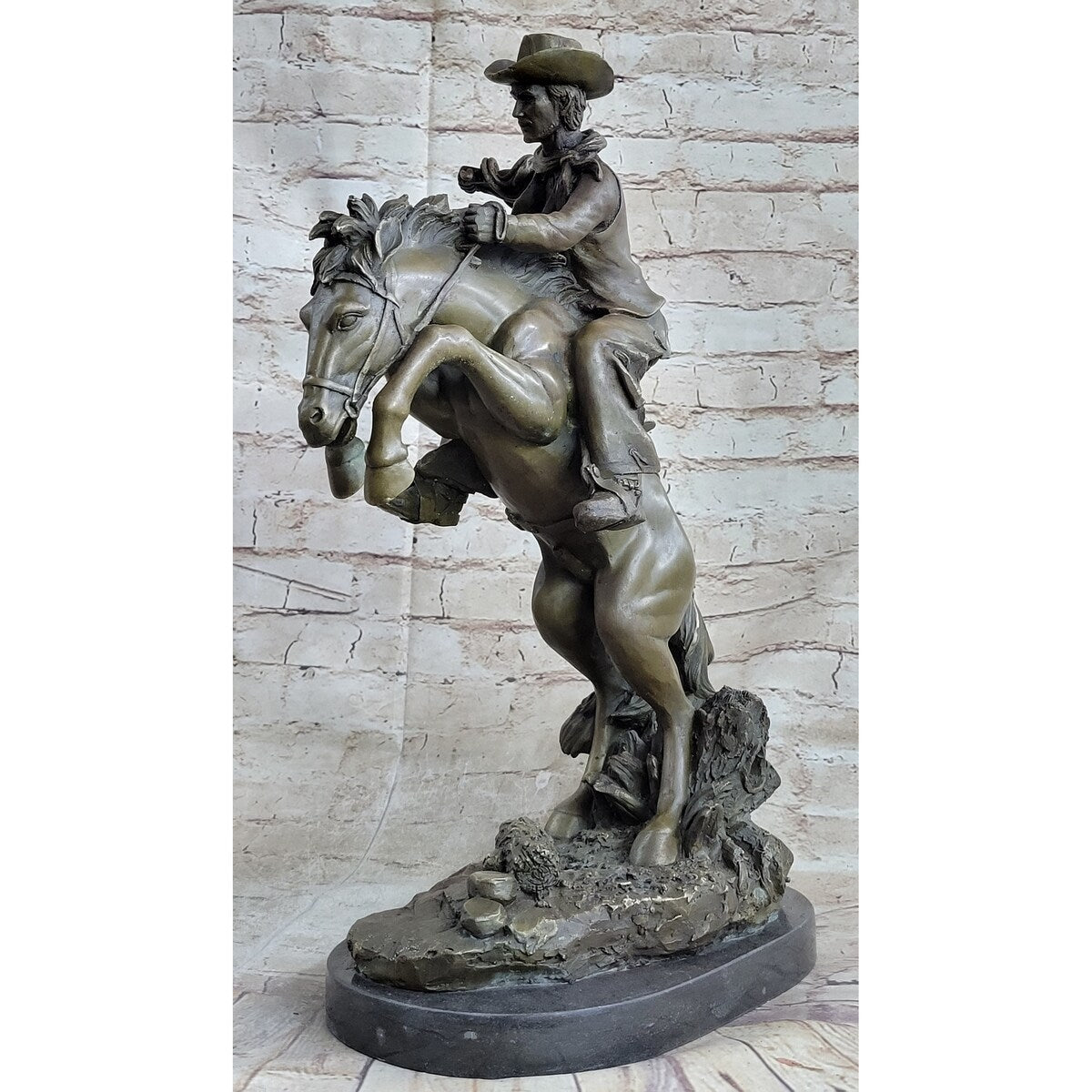 Bronco Buster Inspired Country Western Art Bronze Sculpture Featuring Cowboy On Horseback