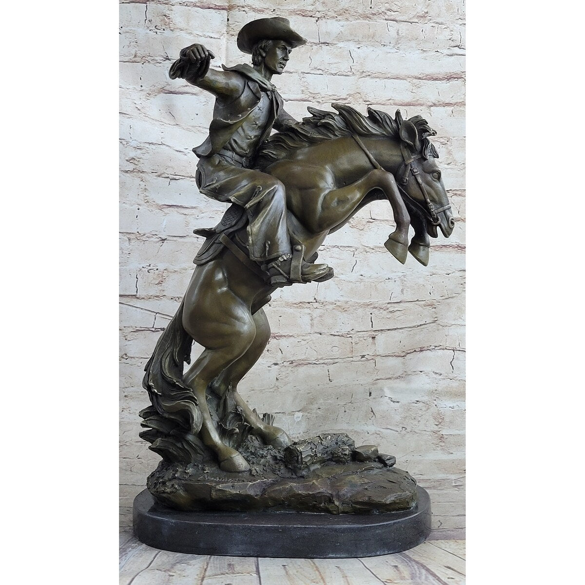 Bronco Buster Inspired Country Western Art Bronze Sculpture Featuring Cowboy On Horseback