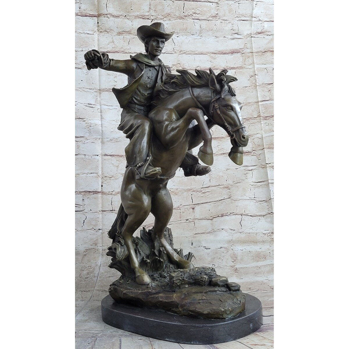 Bronco Buster Inspired Country Western Art Bronze Sculpture Featuring Cowboy On Horseback
