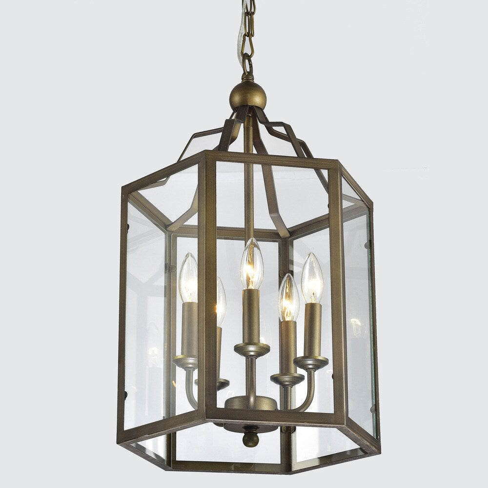 Bronze Hexagon Lantern Semi-flush Mount Glass Chandelier
