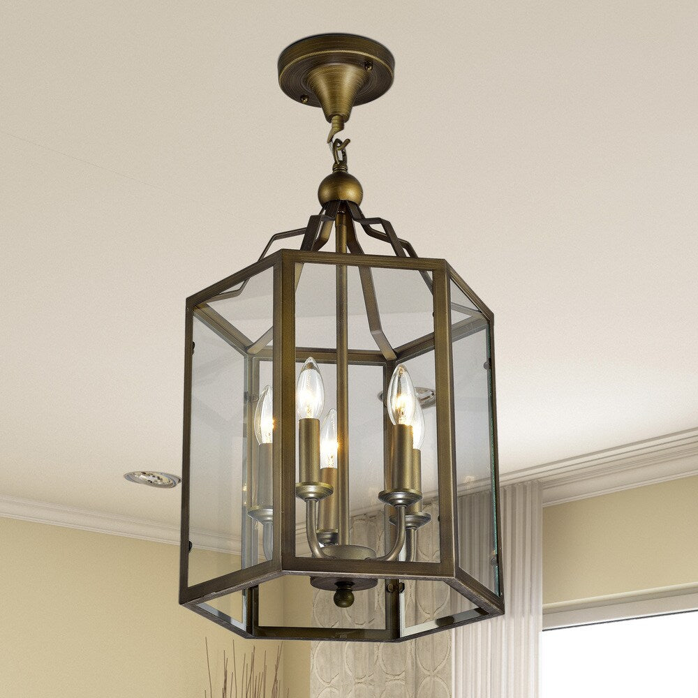 Bronze Hexagon Lantern Semi-flush Mount Glass Chandelier