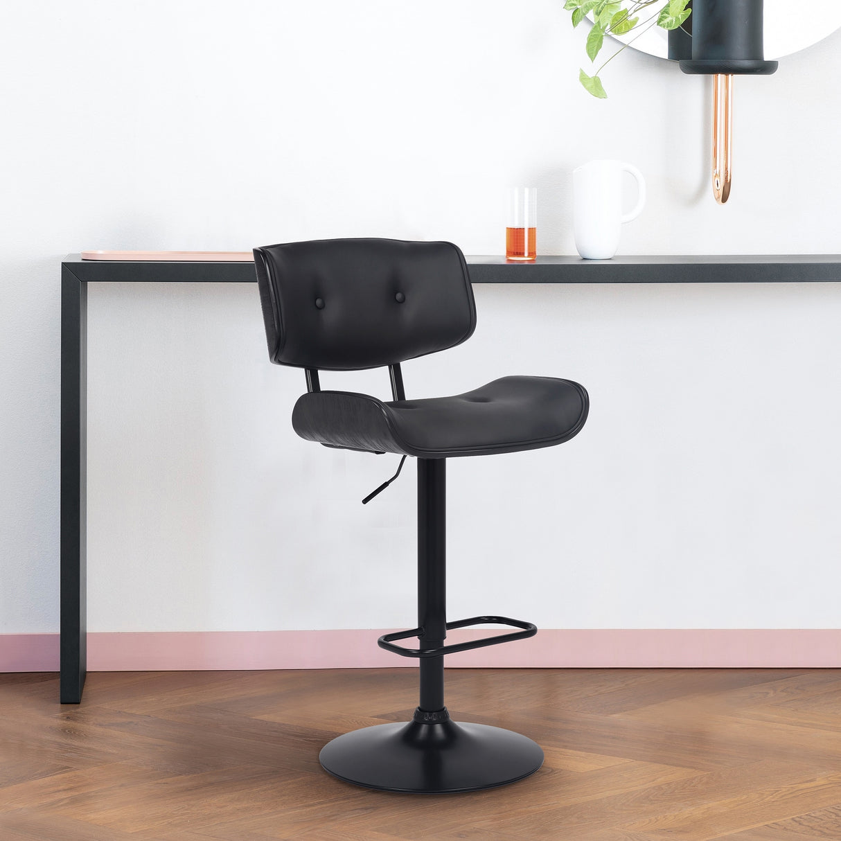 Brooklyn Black Wood Upholstered Adjustable Height Swivel Bar Stool