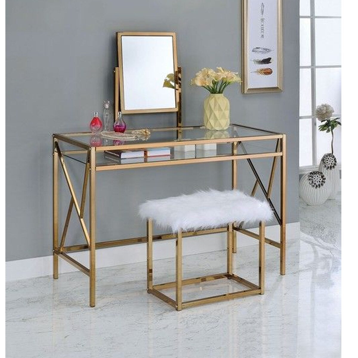 Brooklyn Vanity w/ Stool in Champagne Finish