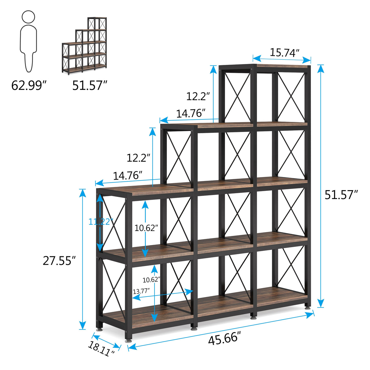 Brown/ Black Industrial 12-shelf Ladder Bookshelf, White Modern 9 Cubes Stepped Etagere Display Bookcase
