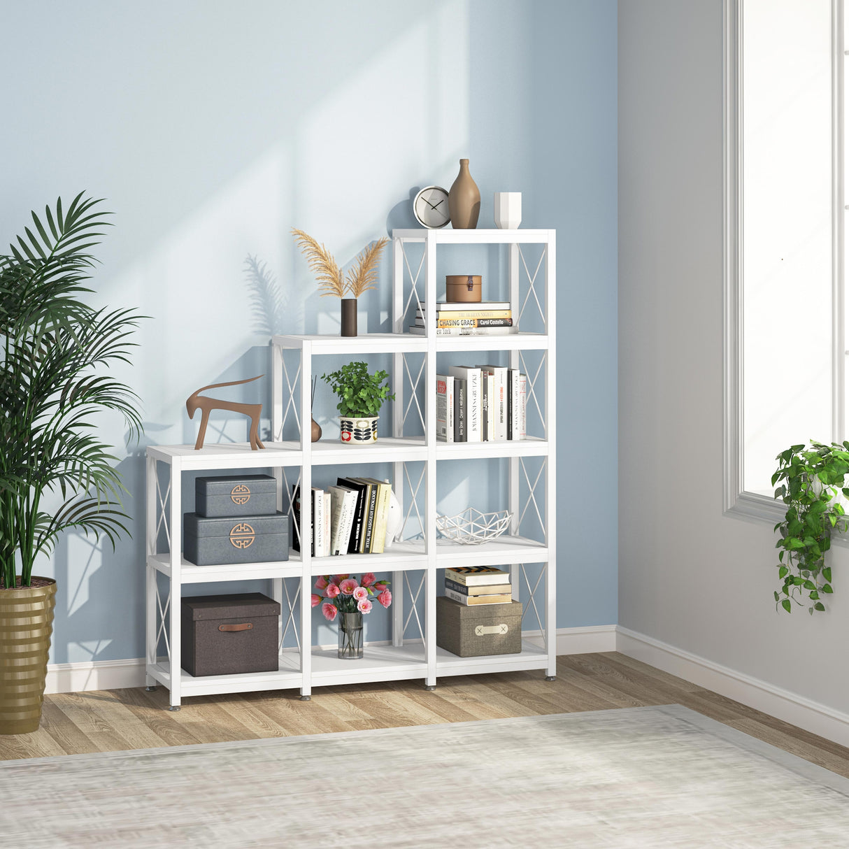 Brown/ Black Industrial 12-shelf Ladder Bookshelf, White Modern 9 Cubes Stepped Etagere Display Bookcase