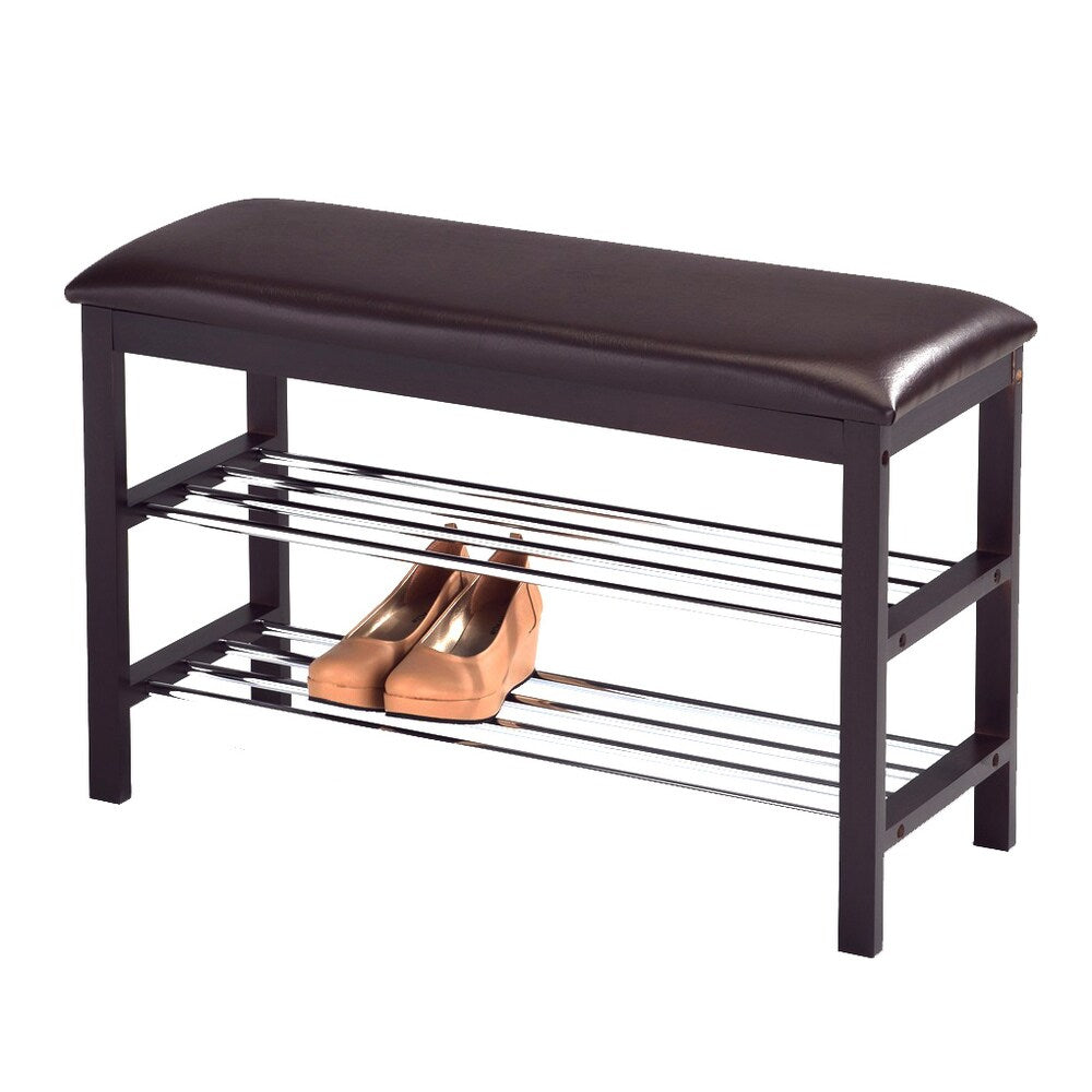 Brown Bonded Leather Walnut Frame Bench
