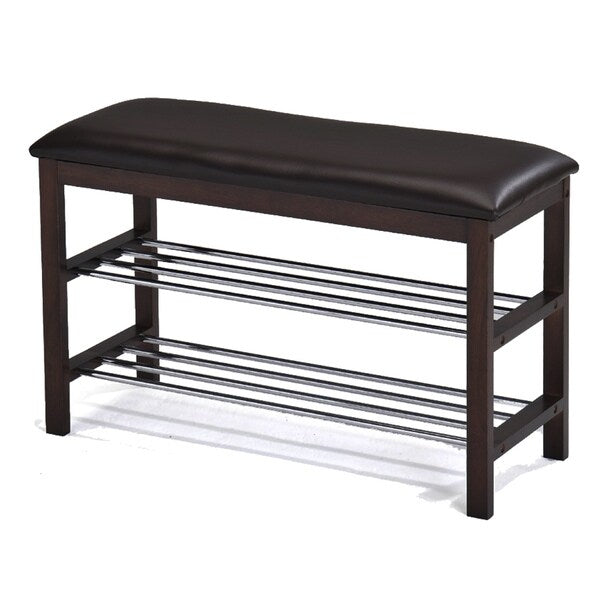 Brown Bonded Leather Walnut Frame Bench