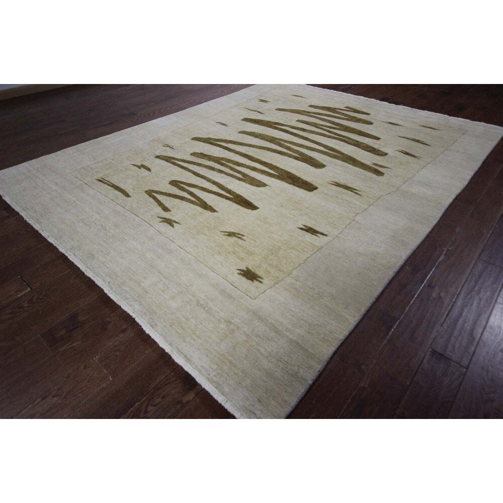 Brown Crayon Scribble Ivory Gabbeh Hand-knotted Wool Area Rug (6' x 10')