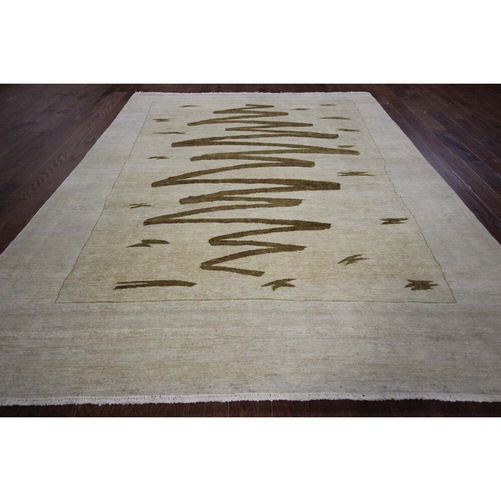 Brown Crayon Scribble Ivory Gabbeh Hand-knotted Wool Area Rug (6' x 10')