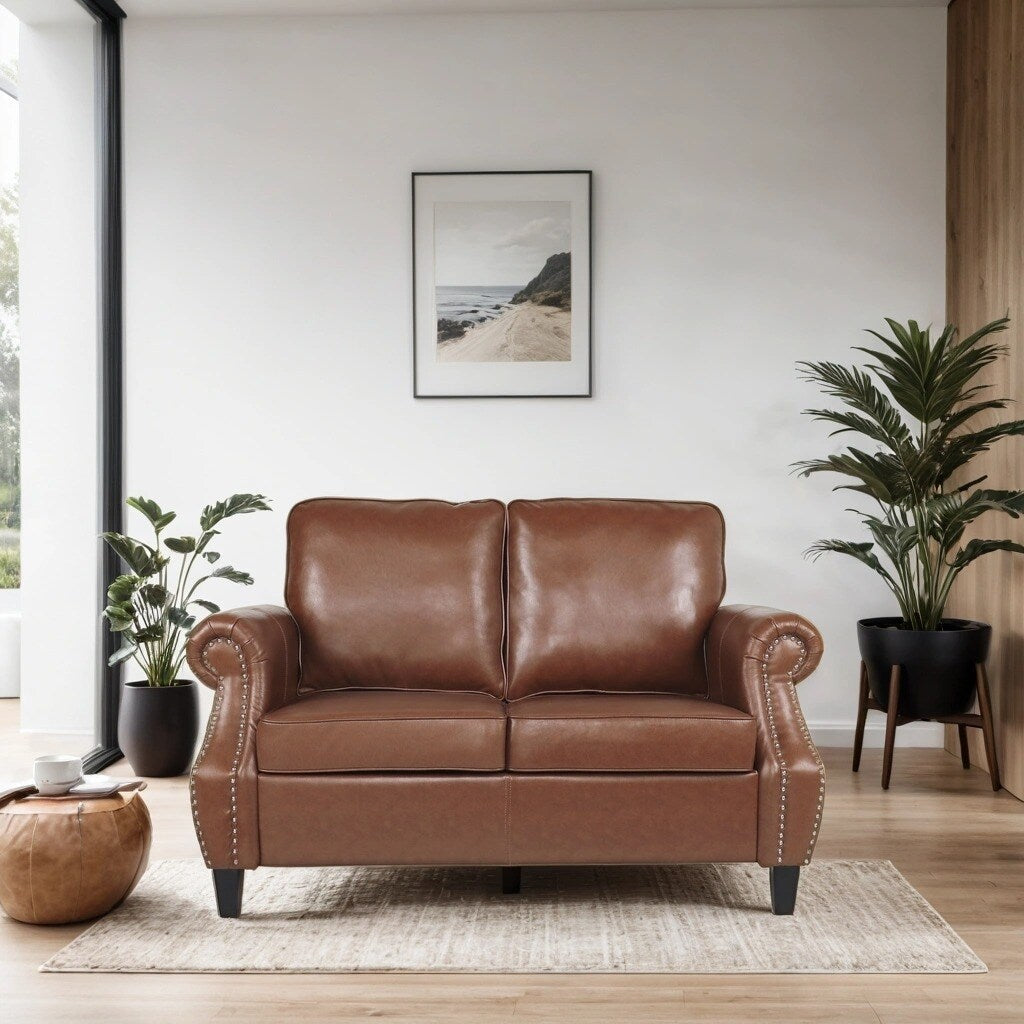 Brown Faux Leather Loveseat with Nailhead Trim, Rolled Recessed Arms, and Tapered Legs, Contemporary Design for Living Room
