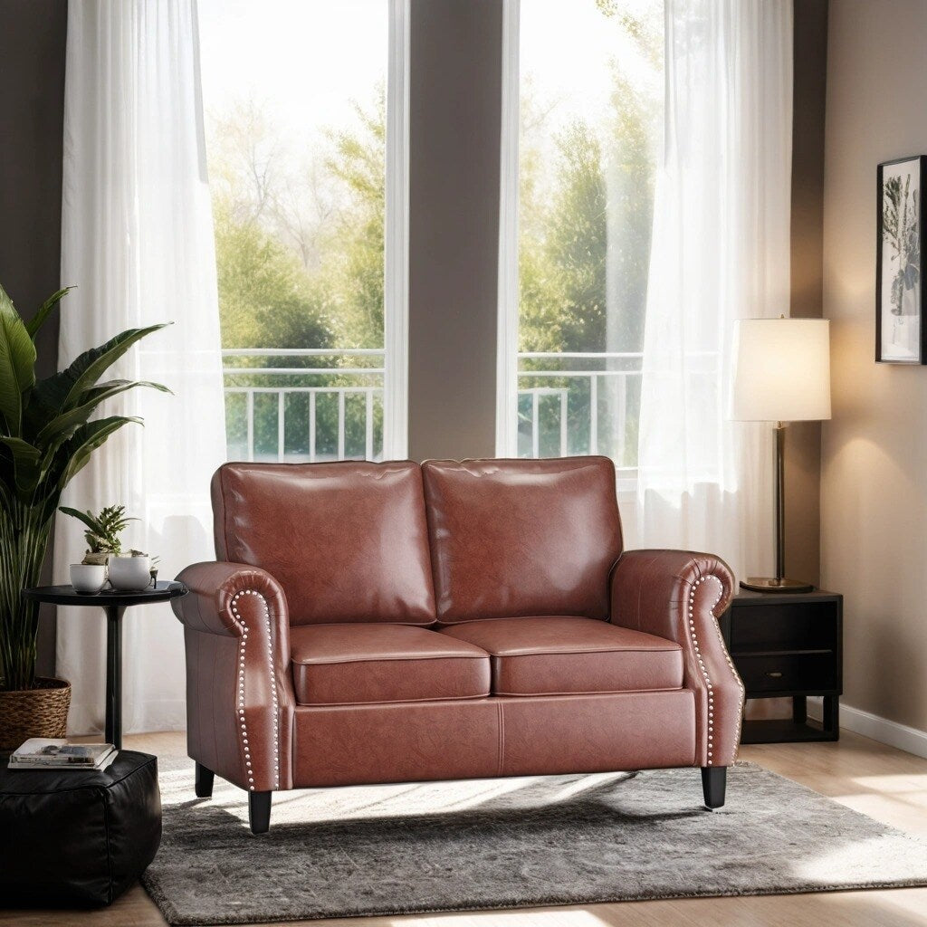 Brown Faux Leather Loveseat with Nailhead Trim, Rolled Recessed Arms, and Tapered Legs, Contemporary Design for Living Room