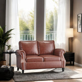 Brown Faux Leather Loveseat with Nailhead Trim, Rolled Recessed Arms, and Tapered Legs, Contemporary Design for Living Room