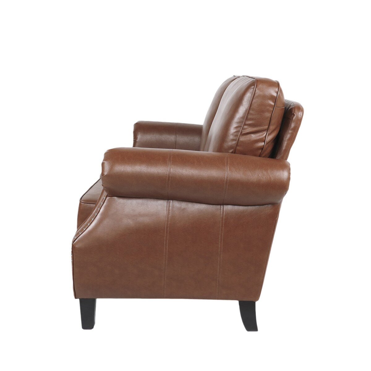 Brown Faux Leather Loveseat with Nailhead Trim, Rolled Recessed Arms, and Tapered Legs, Contemporary Design for Living Room
