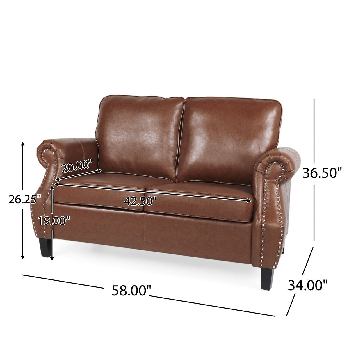 Brown Faux Leather Loveseat with Nailhead Trim, Rolled Recessed Arms, and Tapered Legs, Contemporary Design for Living Room