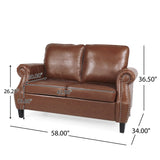 Brown Faux Leather Loveseat with Nailhead Trim, Rolled Recessed Arms, and Tapered Legs, Contemporary Design for Living Room