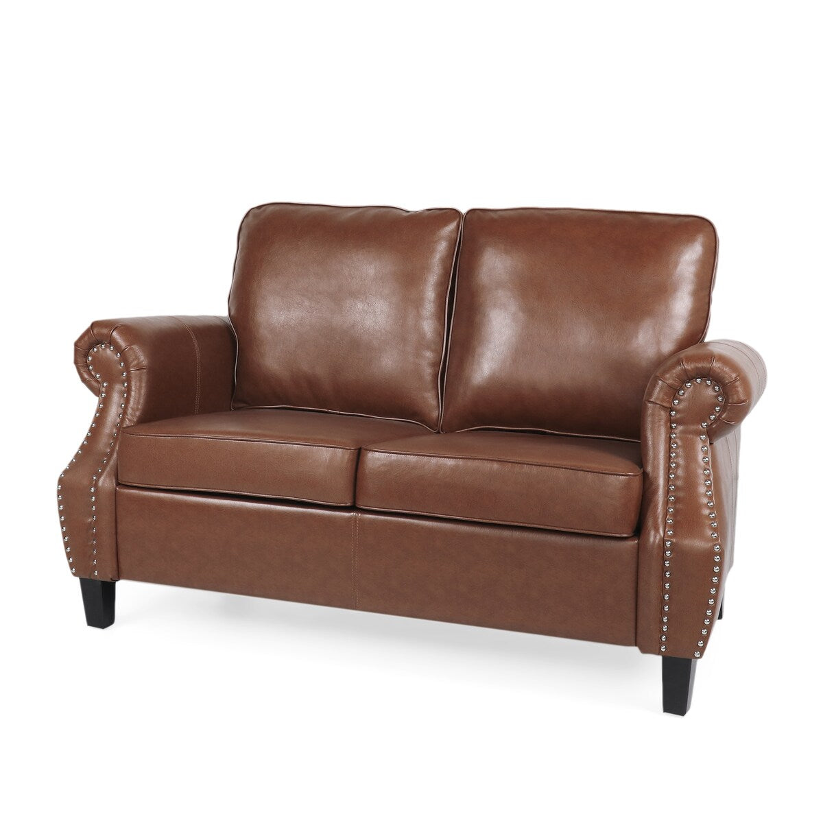 Brown Faux Leather Loveseat with Nailhead Trim, Rolled Recessed Arms, and Tapered Legs, Contemporary Design for Living Room