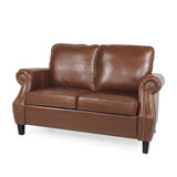 Brown Faux Leather Loveseat with Nailhead Trim, Rolled Recessed Arms, and Tapered Legs, Contemporary Design for Living Room