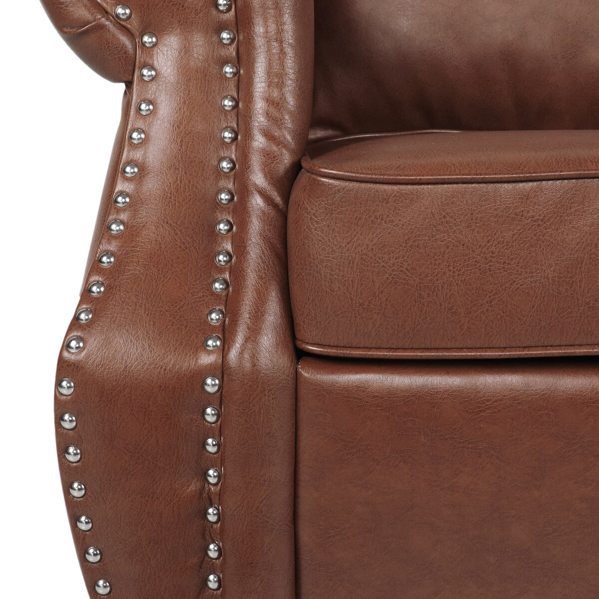 Brown Faux Leather Loveseat with Nailhead Trim, Rolled Recessed Arms, and Tapered Legs, Contemporary Design for Living Room