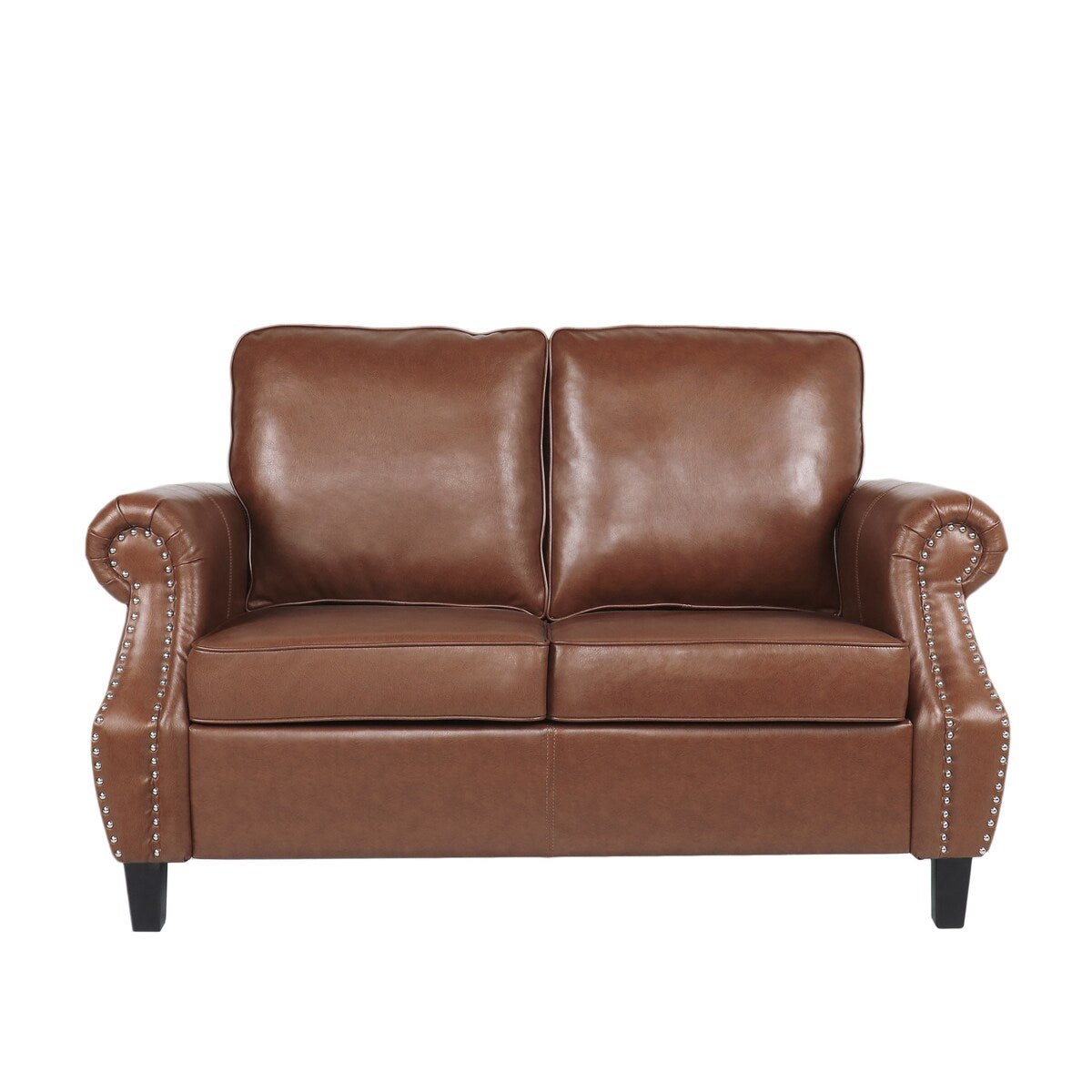 Brown Faux Leather Loveseat with Nailhead Trim, Rolled Recessed Arms, and Tapered Legs, Contemporary Design for Living Room