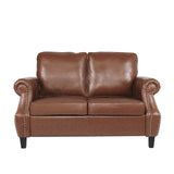 Brown Faux Leather Loveseat with Nailhead Trim, Rolled Recessed Arms, and Tapered Legs, Contemporary Design for Living Room