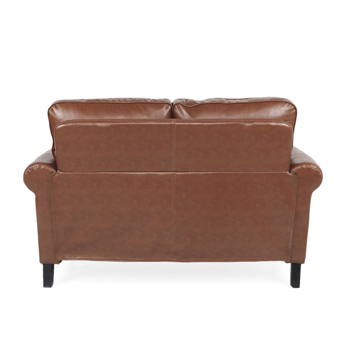 Brown Faux Leather Loveseat with Nailhead Trim, Rolled Recessed Arms, and Tapered Legs, Contemporary Design for Living Room
