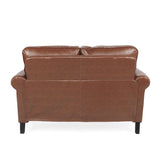 Brown Faux Leather Loveseat with Nailhead Trim, Rolled Recessed Arms, and Tapered Legs, Contemporary Design for Living Room