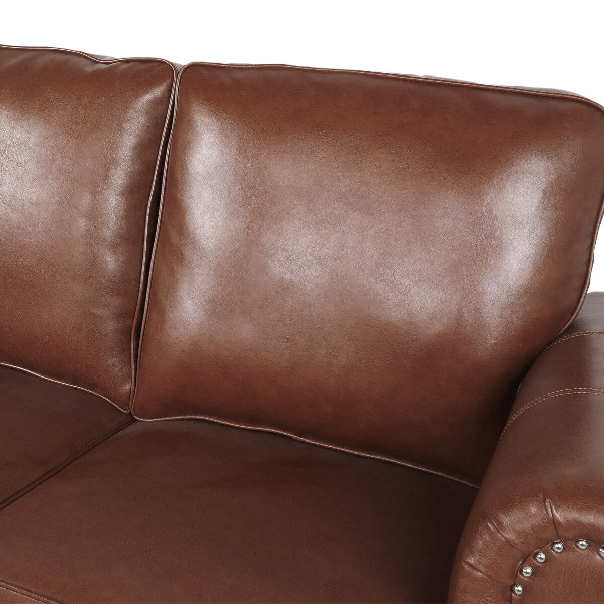 Brown Faux Leather Loveseat with Nailhead Trim, Rolled Recessed Arms, and Tapered Legs, Contemporary Design for Living Room