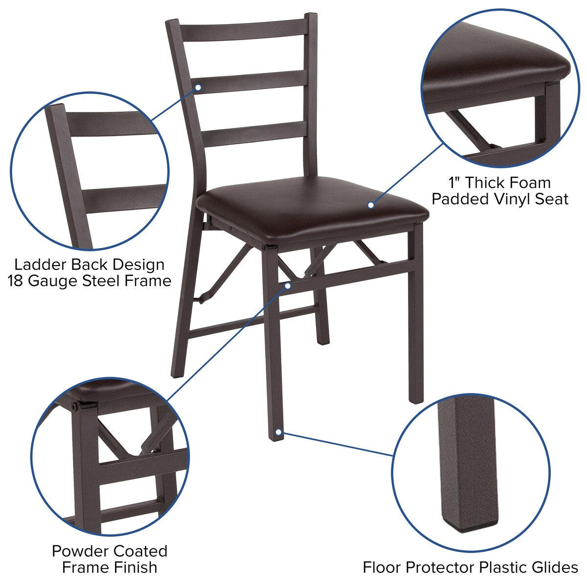 Brown Folding Ladder Back Metal Chair with Brown Vinyl Seat - Dining Furniture