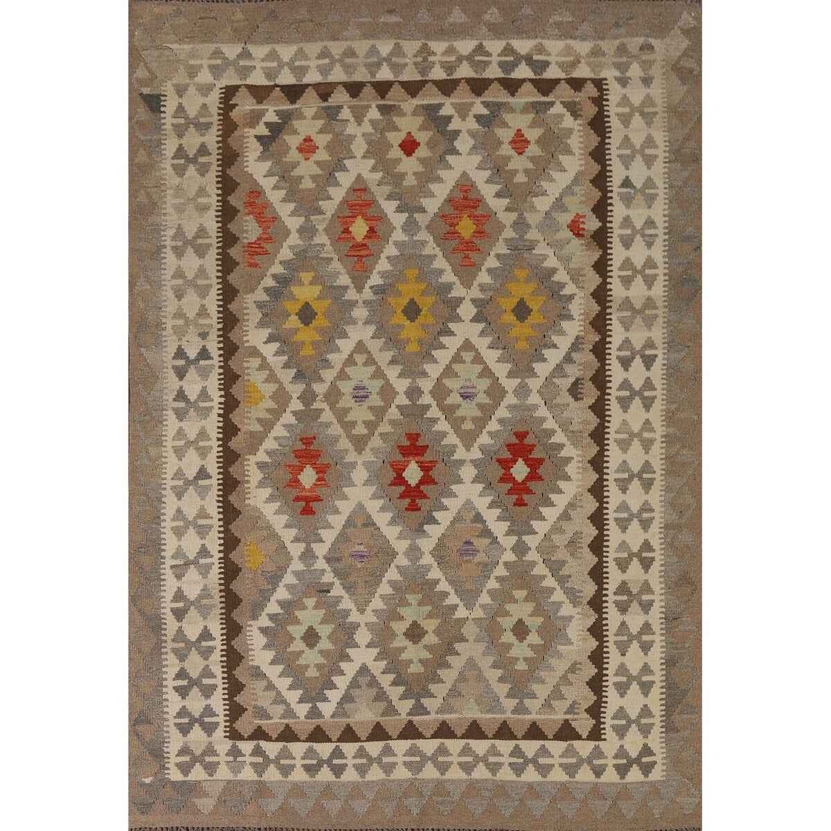Brown Kilim Reversible Area Rug Flatweave Wool Carpet - 5'9" x 8'0"