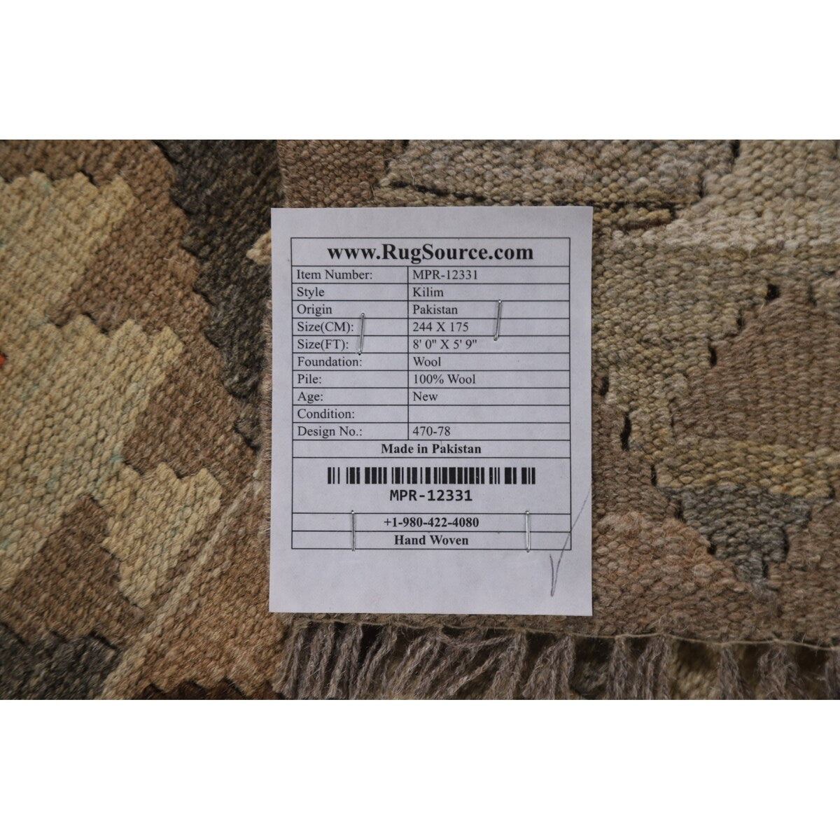 Brown Kilim Reversible Area Rug Flatweave Wool Carpet - 5'9" x 8'0"