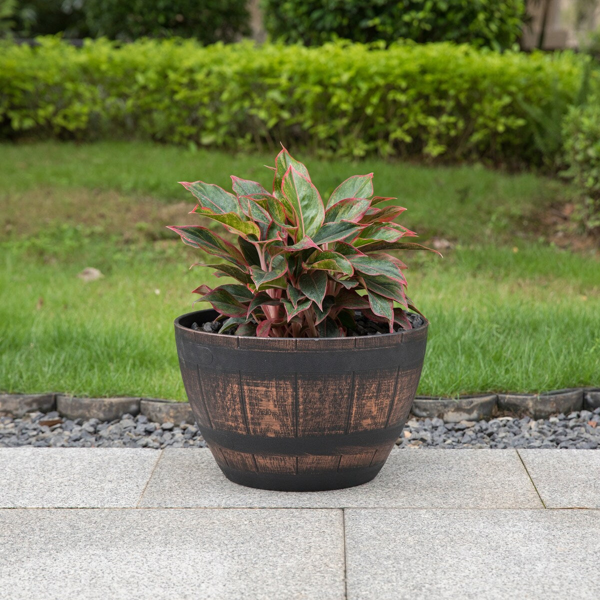 Brown Outdoor Rustic Half Barrel Flower Garden Planter Bowl, Plastic