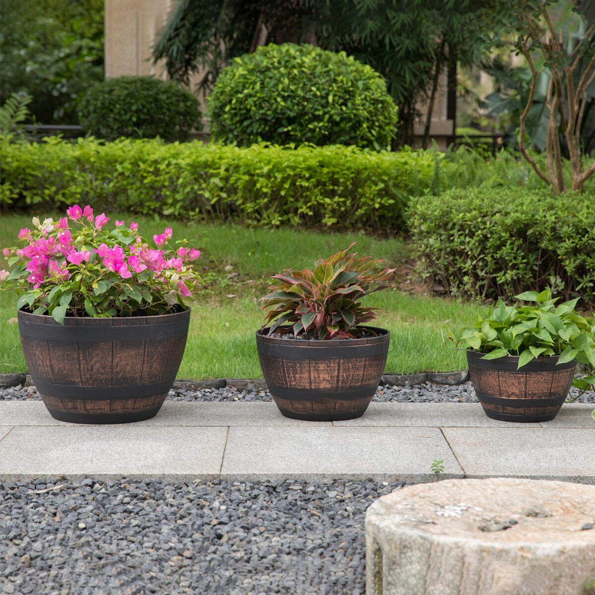 Brown Outdoor Rustic Half Barrel Flower Garden Planter Bowl, Plastic